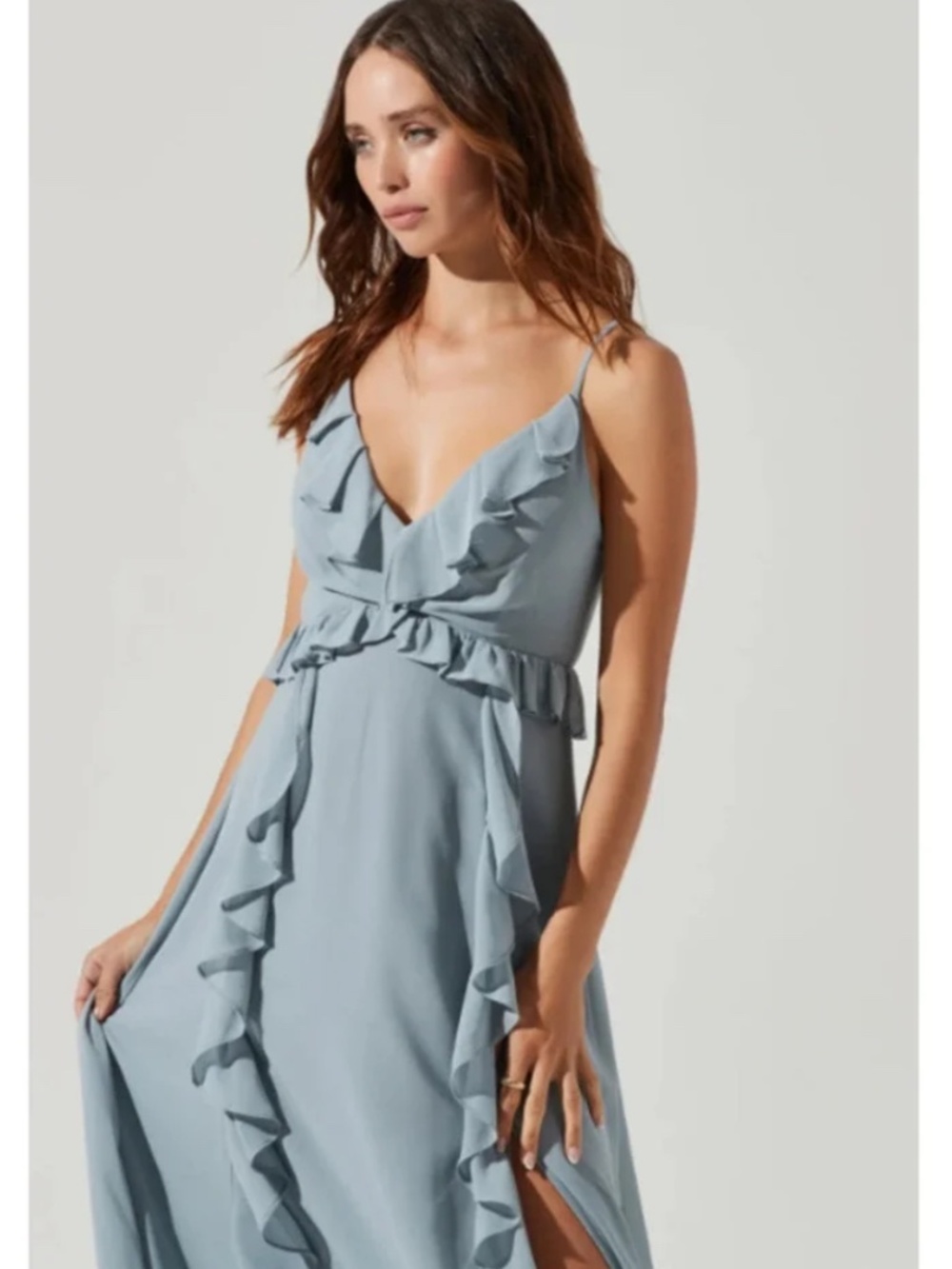 NWT ASTR The Label Adoria Ruffle Side Slit Maxi Dress Gown Dusty Blue - Picture 2 of 10